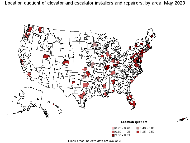 Map of location quotient of elevator and escalator installers and repairers by area, May 2023