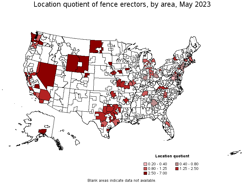 Map of location quotient of fence erectors by area, May 2023