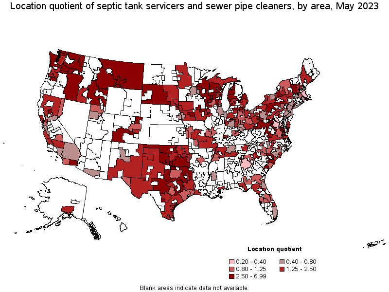 Map of location quotient of septic tank servicers and sewer pipe cleaners by area, May 2023