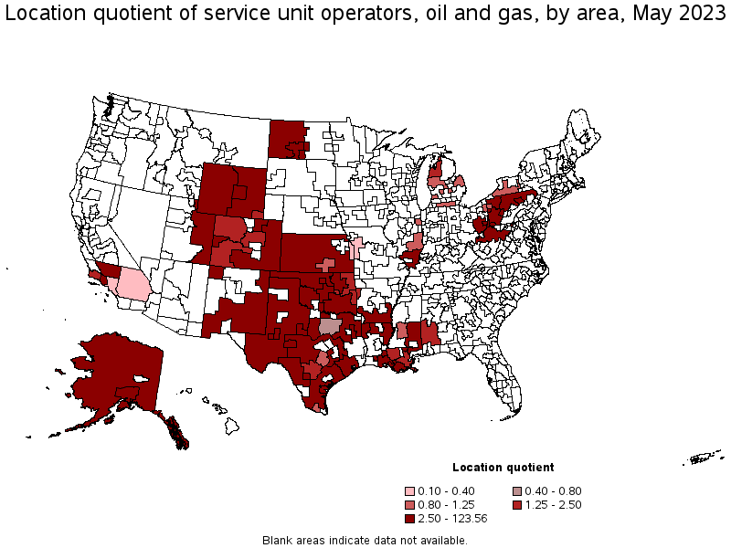 Map of location quotient of service unit operators, oil and gas by area, May 2023