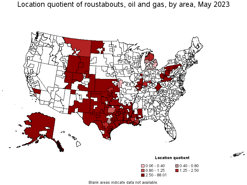 Map of location quotient of roustabouts, oil and gas by area, May 2023