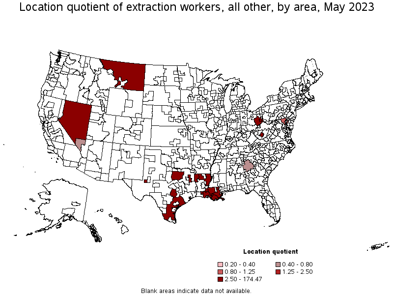 Map of location quotient of extraction workers, all other by area, May 2023
