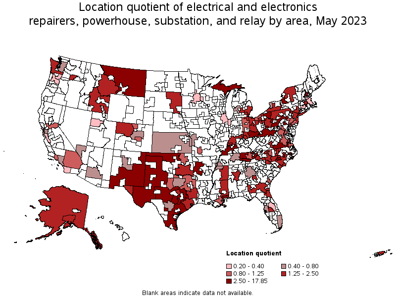 Map of location quotient of electrical and electronics repairers, powerhouse, substation, and relay by area, May 2023
