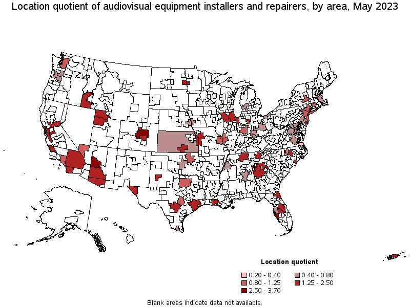 Map of location quotient of audiovisual equipment installers and repairers by area, May 2023