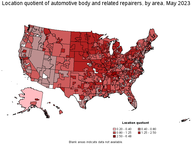 Map of location quotient of automotive body and related repairers by area, May 2023