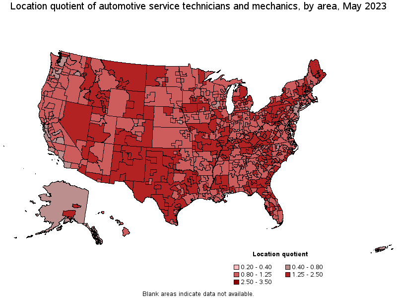 Map of location quotient of automotive service technicians and mechanics by area, May 2023