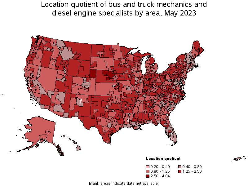 Map of location quotient of bus and truck mechanics and diesel engine specialists by area, May 2023
