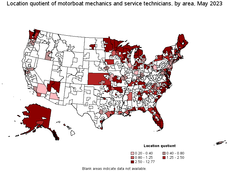 Map of location quotient of motorboat mechanics and service technicians by area, May 2023
