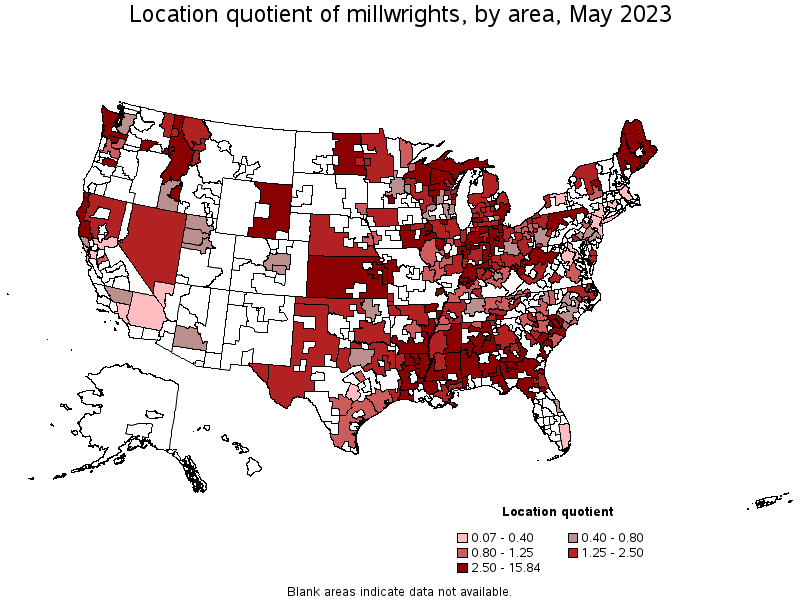 Map of location quotient of millwrights by area, May 2023