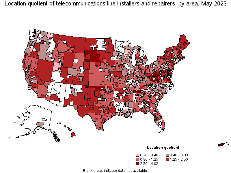Map of location quotient of telecommunications line installers and repairers by area, May 2023