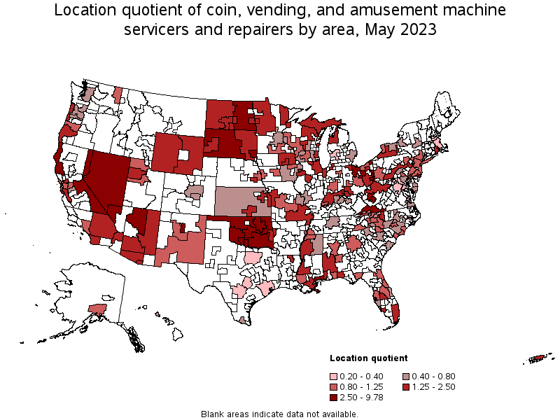 Map of location quotient of coin, vending, and amusement machine servicers and repairers by area, May 2023