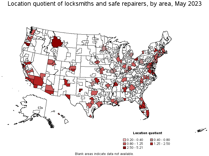 Map of location quotient of locksmiths and safe repairers by area, May 2023