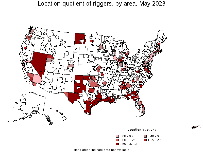 Map of location quotient of riggers by area, May 2023