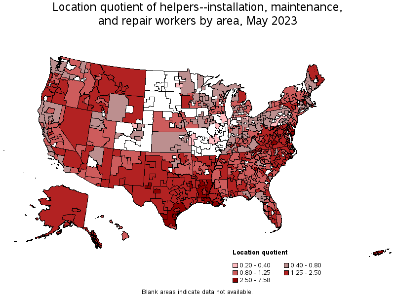Map of location quotient of helpers--installation, maintenance, and repair workers by area, May 2023