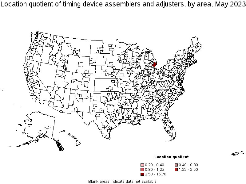 Map of location quotient of timing device assemblers and adjusters by area, May 2023