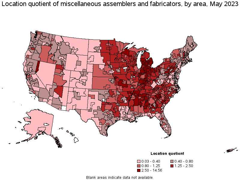 Map of location quotient of miscellaneous assemblers and fabricators by area, May 2023