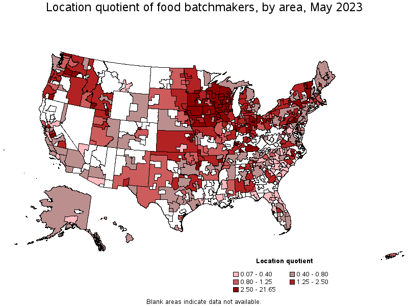 Map of location quotient of food batchmakers by area, May 2023