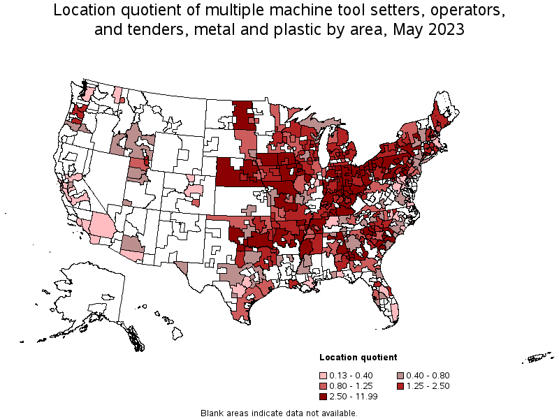 Map of location quotient of multiple machine tool setters, operators, and tenders, metal and plastic by area, May 2023