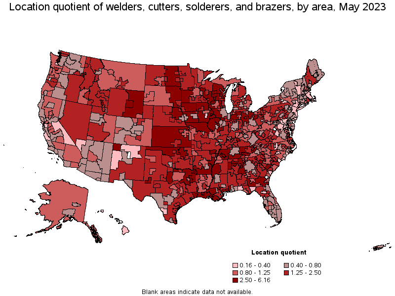 Map of location quotient of welders, cutters, solderers, and brazers by area, May 2023