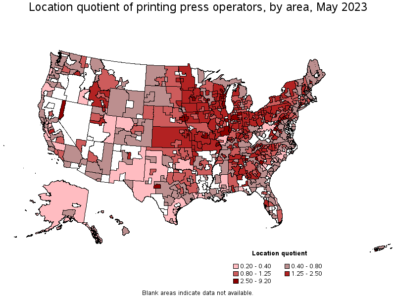 Map of location quotient of printing press operators by area, May 2023