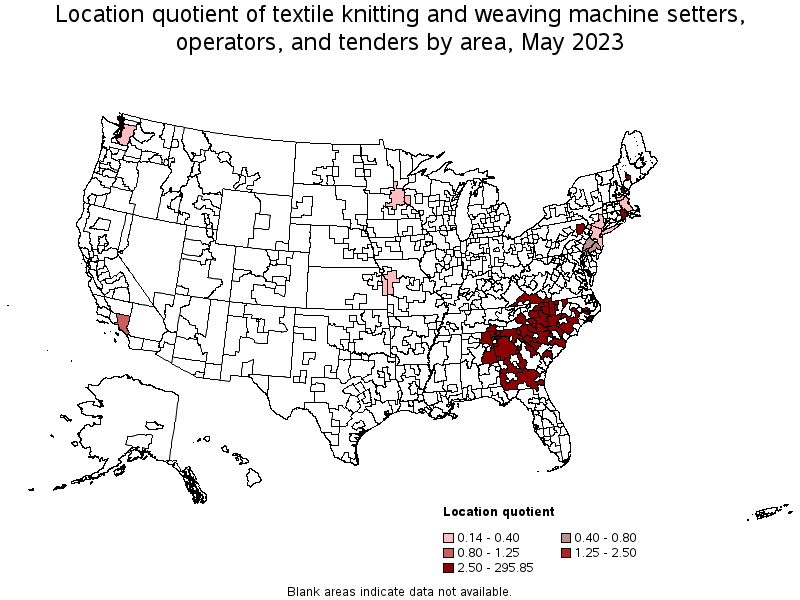 Map of location quotient of textile knitting and weaving machine setters, operators, and tenders by area, May 2023