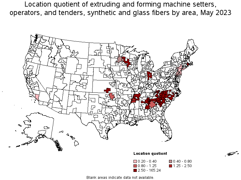 Map of location quotient of extruding and forming machine setters, operators, and tenders, synthetic and glass fibers by area, May 2023