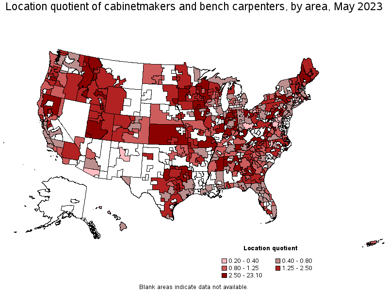 Map of location quotient of cabinetmakers and bench carpenters by area, May 2023