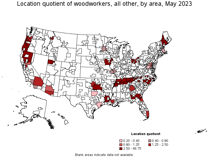 Map of location quotient of woodworkers, all other by area, May 2023