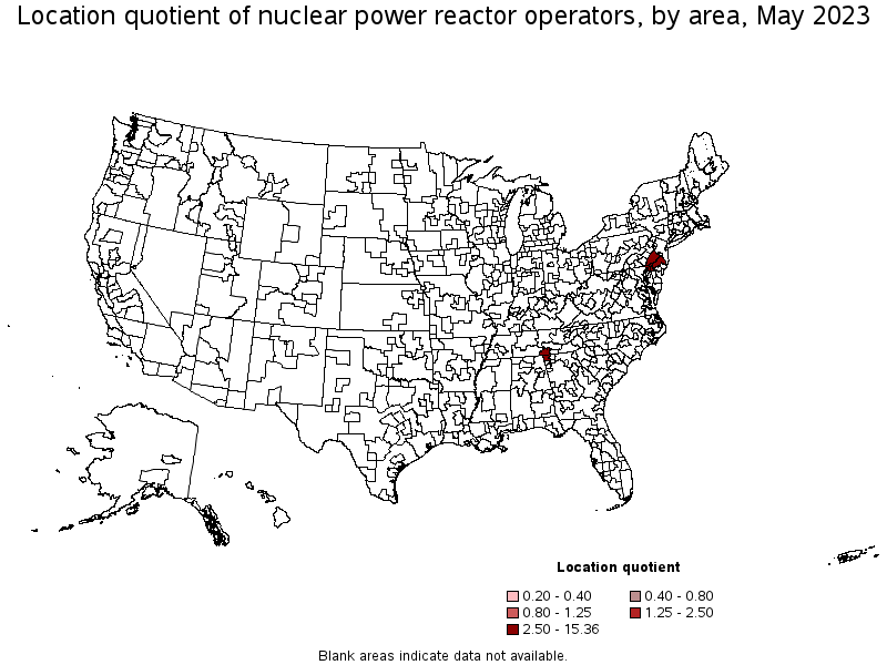 Map of location quotient of nuclear power reactor operators by area, May 2023