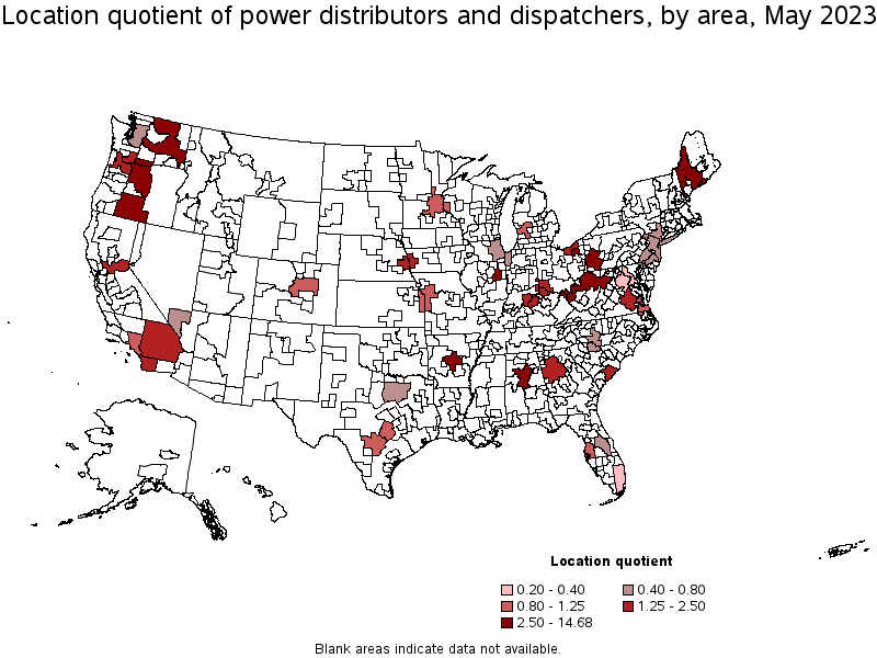 Map of location quotient of power distributors and dispatchers by area, May 2023