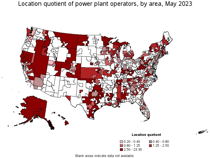 Map of location quotient of power plant operators by area, May 2023