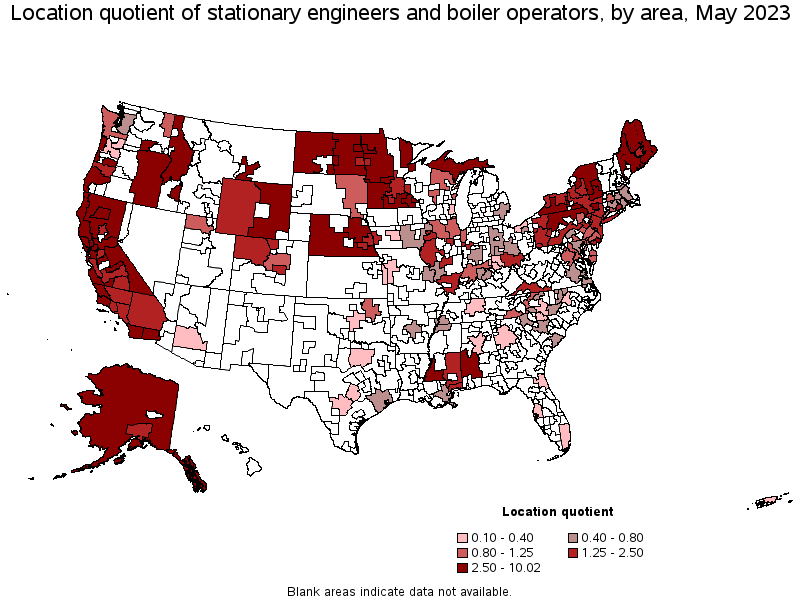 Map of location quotient of stationary engineers and boiler operators by area, May 2023