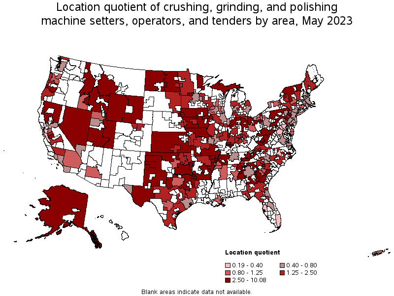 Map of location quotient of crushing, grinding, and polishing machine setters, operators, and tenders by area, May 2023
