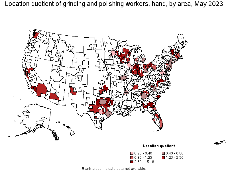 Map of location quotient of grinding and polishing workers, hand by area, May 2023