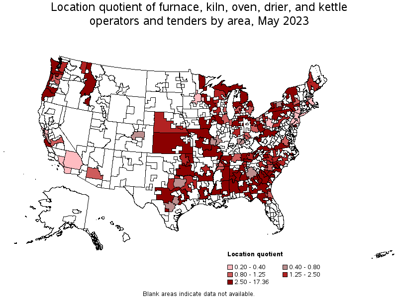 Map of location quotient of furnace, kiln, oven, drier, and kettle operators and tenders by area, May 2023
