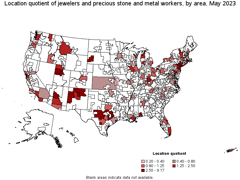 Map of location quotient of jewelers and precious stone and metal workers by area, May 2023