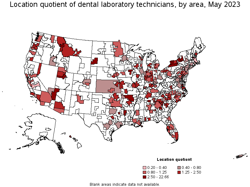 Map of location quotient of dental laboratory technicians by area, May 2023