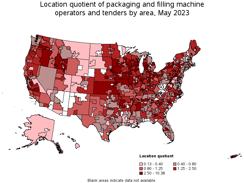 Map of location quotient of packaging and filling machine operators and tenders by area, May 2023
