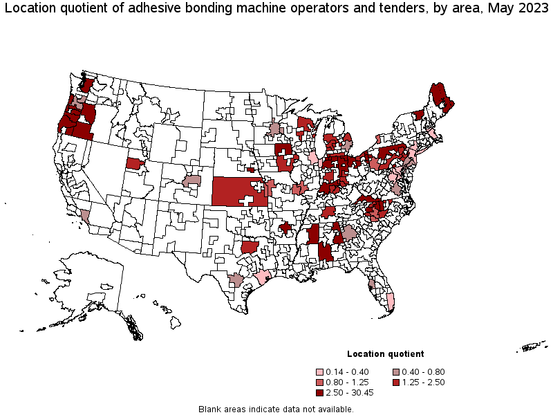 Map of location quotient of adhesive bonding machine operators and tenders by area, May 2023