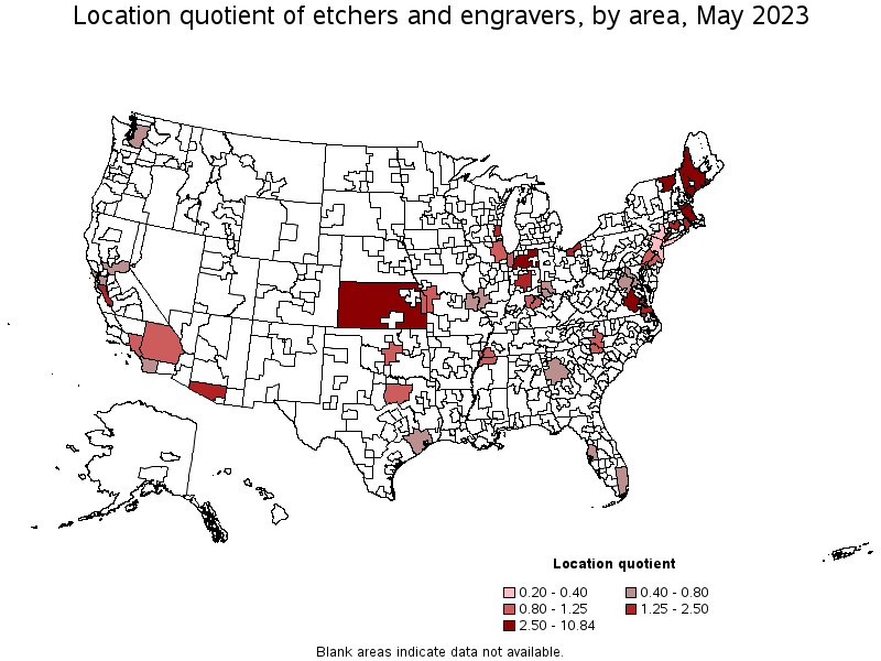 Map of location quotient of etchers and engravers by area, May 2023