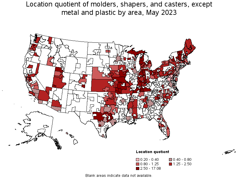 Map of location quotient of molders, shapers, and casters, except metal and plastic by area, May 2023