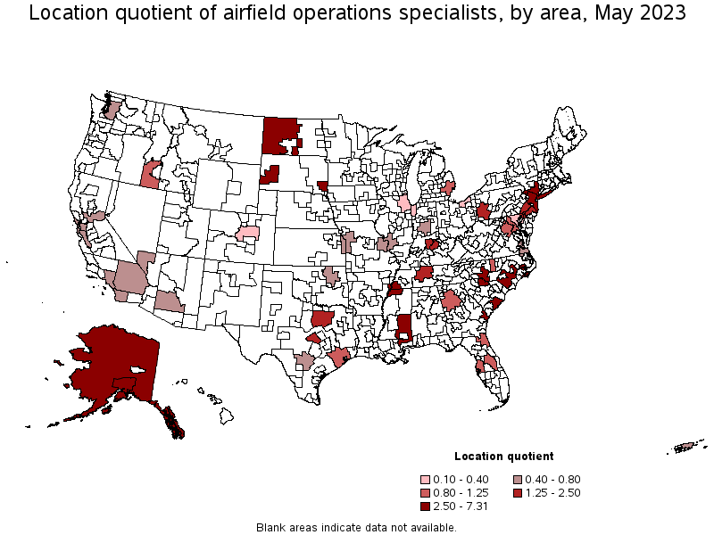 Map of location quotient of airfield operations specialists by area, May 2023