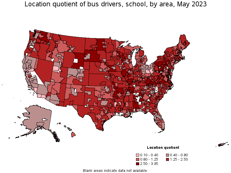 Map of location quotient of bus drivers, school by area, May 2023