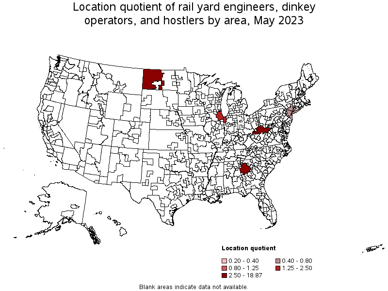 Map of location quotient of rail yard engineers, dinkey operators, and hostlers by area, May 2023