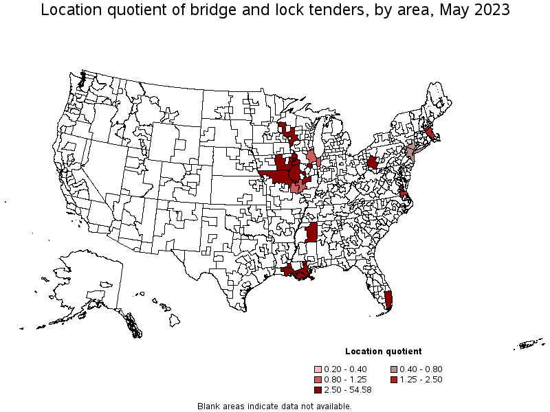 Map of location quotient of bridge and lock tenders by area, May 2023
