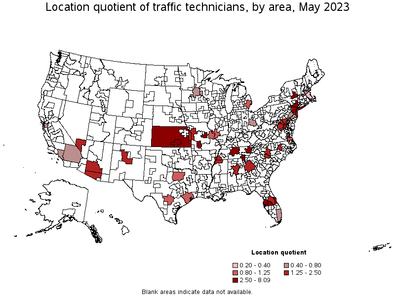 Map of location quotient of traffic technicians by area, May 2023