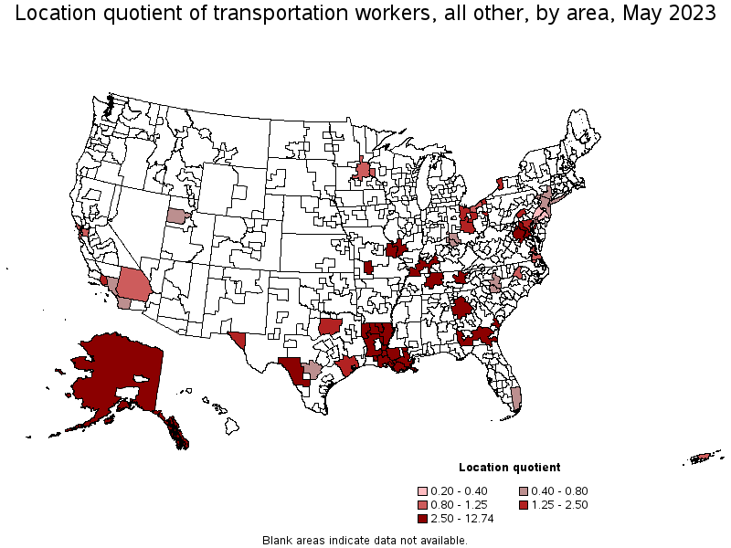 Map of location quotient of transportation workers, all other by area, May 2023