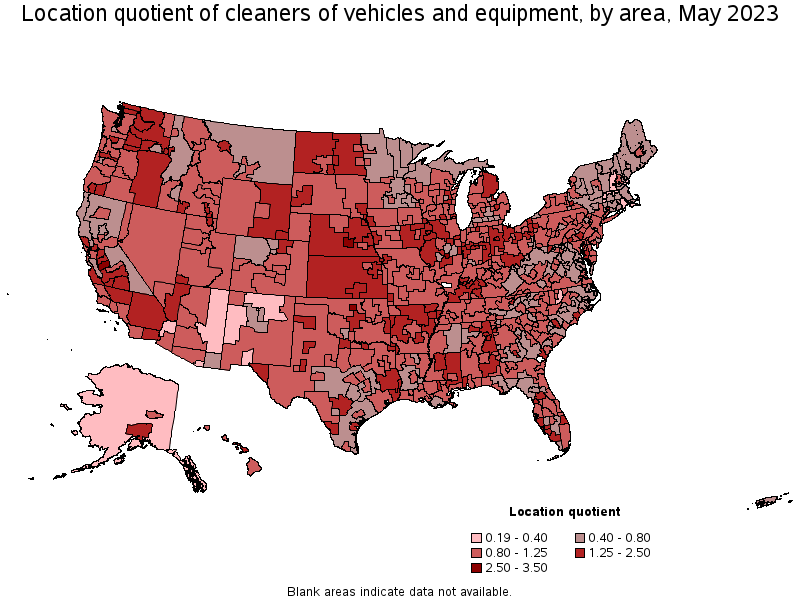 Map of location quotient of cleaners of vehicles and equipment by area, May 2023
