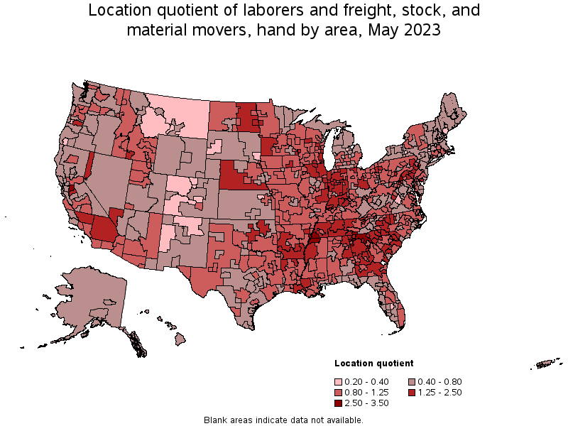 Map of location quotient of laborers and freight, stock, and material movers, hand by area, May 2022