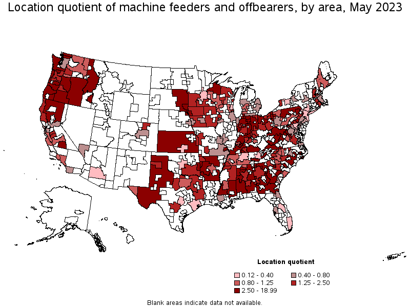 Map of location quotient of machine feeders and offbearers by area, May 2023